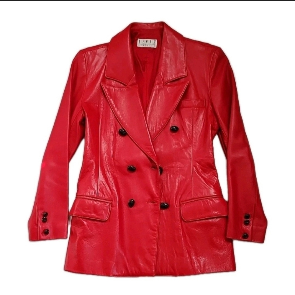 VTG 90s Kenar Cherry Red Leather Blazer Jacket Double Breasted Size S